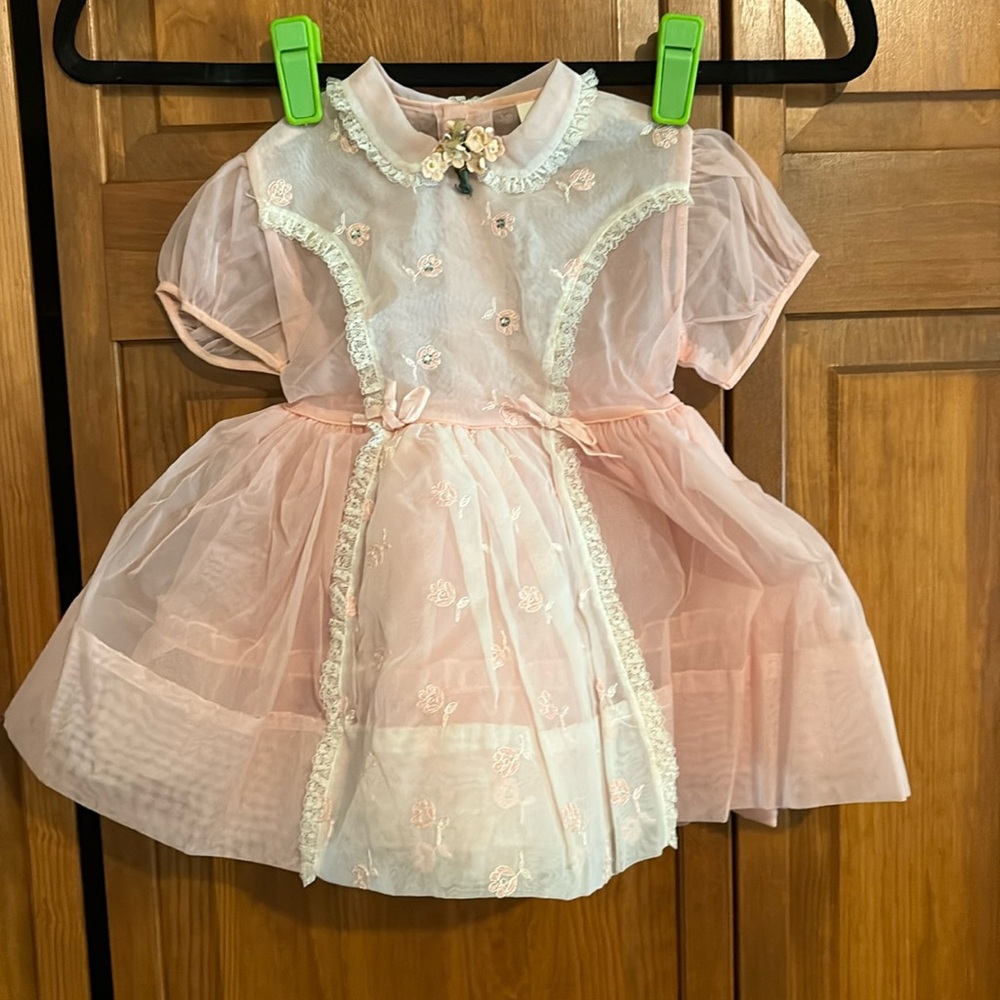 Baby Girl Dress w Floral & Rhinestone Details -  Vintage 1950’s - Size 2